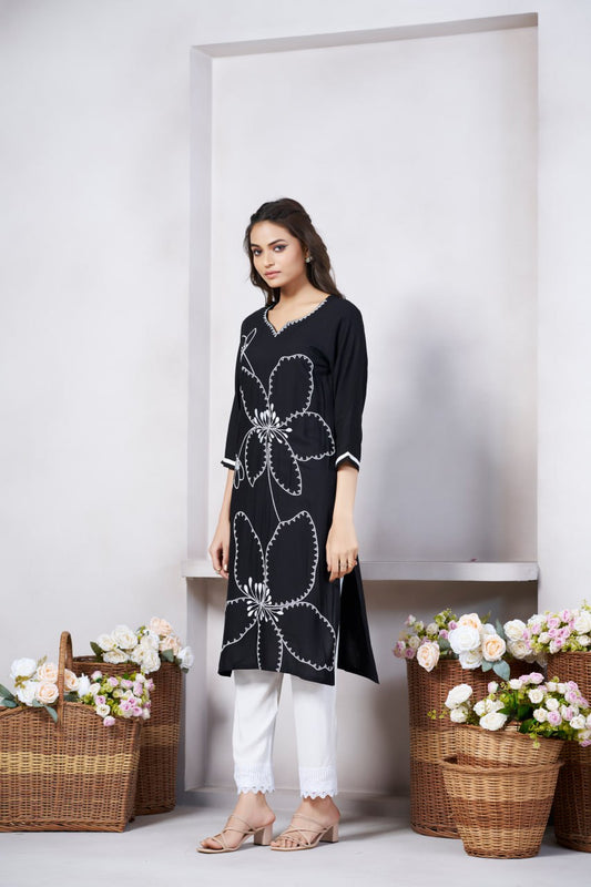 Beauteous Casual Wear Black Color Print And Embroidery Work Full Stitched Rayon Kurti