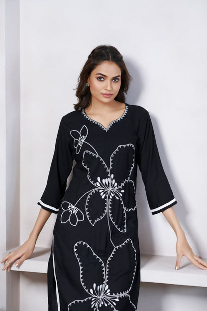 Beauteous Casual Wear Black Color Print And Embroidery Work Full Stitched Rayon Kurti