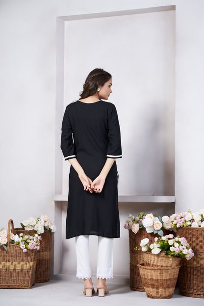 Beauteous Casual Wear Black Color Print And Embroidery Work Full Stitched Rayon Kurti
