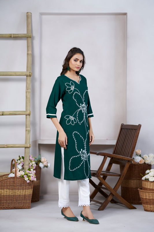 Devastating Casual Wear Green Color Print And Embroidery Work Full Stitched Rayon Kurti