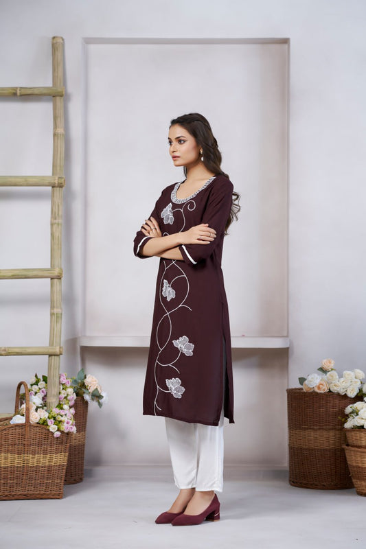 Exclusive Casual Wear Brown Color Print And Embroidery Work Full Stitched Rayon Kurti