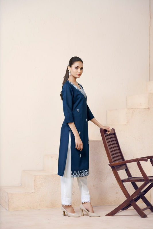 Fabulous Festive Wear Blue Color Print And Embroidery Work Full Stitched Rayon Kurti