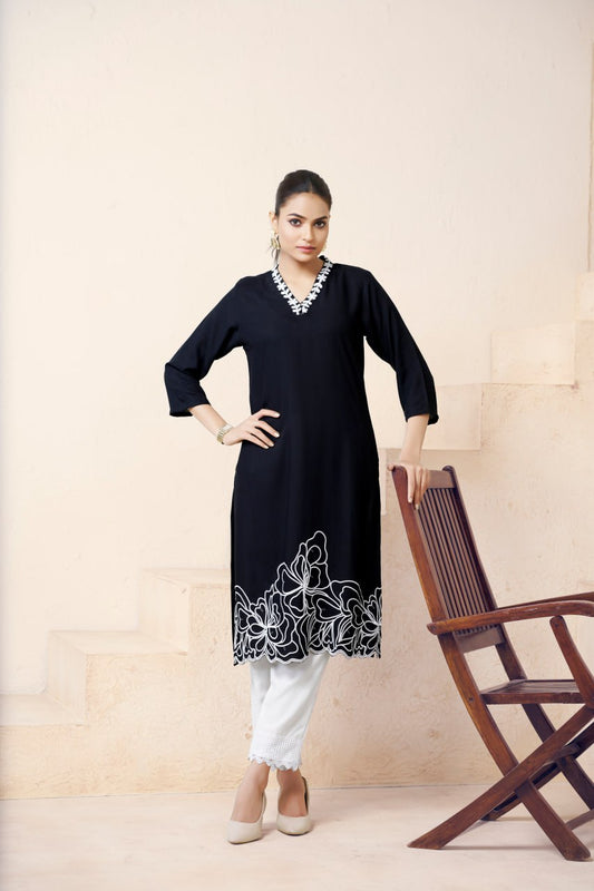 Devastating Function Wear Black Color Print And Embroidery Work Full Stitched Rayon Kurti