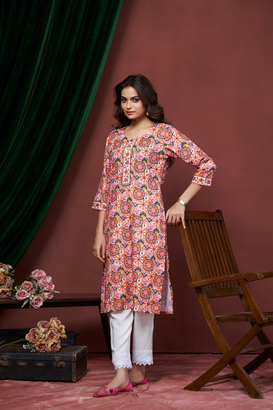 Exclusive Casual Wear Peach Color Print And Embroidery Work Full Stitched Linen Kurti