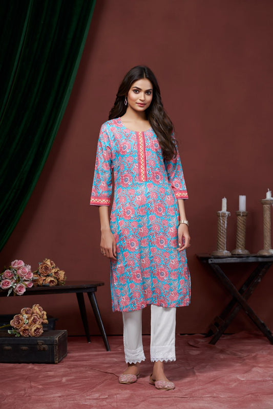 Impressive Casual Wear Blue Color Print And Embroidery Work Full Stitched Linen Kurti