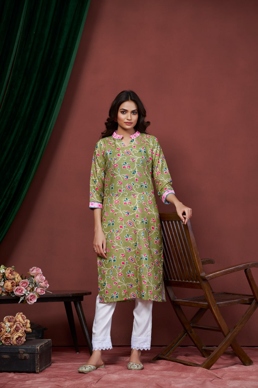 Astonishing Casual Wear Green Color Print And Embroidery Work Full Stitched Linen Kurti