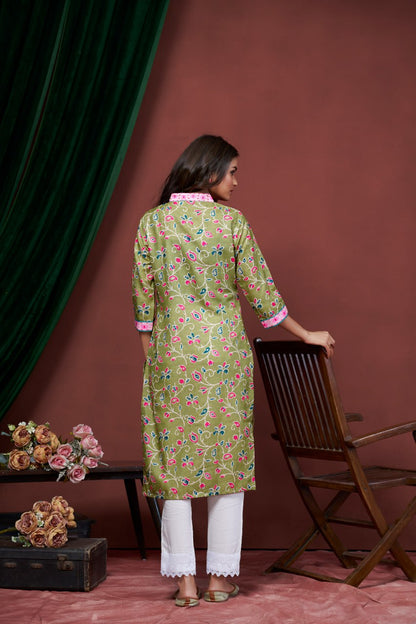 Astonishing Casual Wear Green Color Print And Embroidery Work Full Stitched Linen Kurti