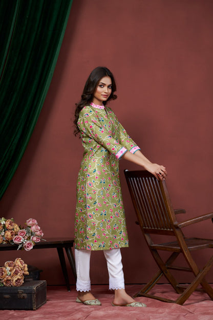 Astonishing Casual Wear Green Color Print And Embroidery Work Full Stitched Linen Kurti