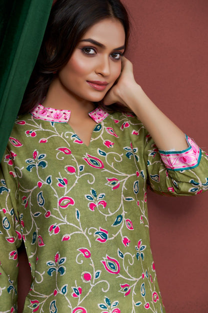 Astonishing Casual Wear Green Color Print And Embroidery Work Full Stitched Linen Kurti