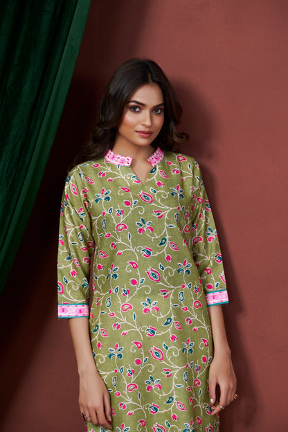 Astonishing Casual Wear Green Color Print And Embroidery Work Full Stitched Linen Kurti