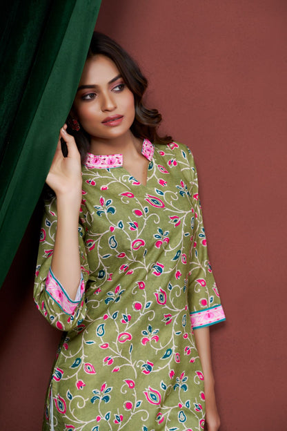 Astonishing Casual Wear Green Color Print And Embroidery Work Full Stitched Linen Kurti