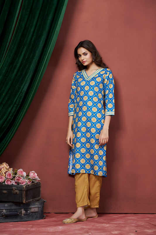 Exclusive Casual Wear Blue Color Print And Embroidery Work Full Stitched Linen Kurti