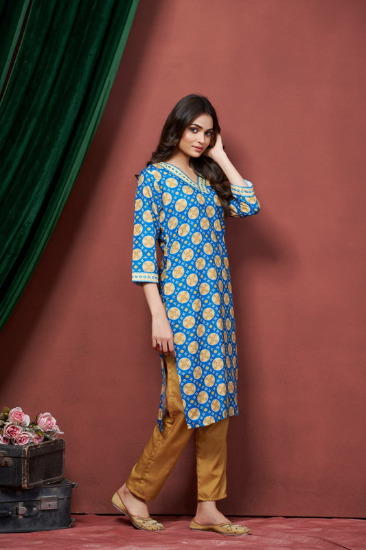 Exclusive Casual Wear Blue Color Print And Embroidery Work Full Stitched Linen Kurti