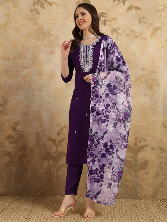 Astonishing Party Wear Purple Color Embroidery Work Full Stitched Chanderi Salwar Suit