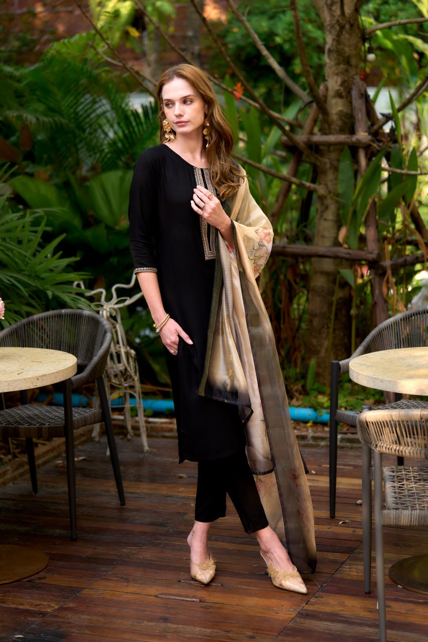Astonishing Party Wear Black Color Embroidery Work Full Stitched Viscose Rayon Salwar Suit