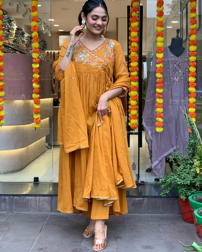 Astonishing Party Wear Mustard Color Embroidery Work Full Stitched Viscose Chanderi Salwar Suit