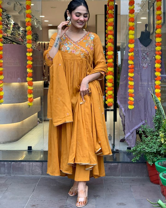 Astonishing Party Wear Mustard Color Embroidery Work Full Stitched Viscose Chanderi Salwar Suit