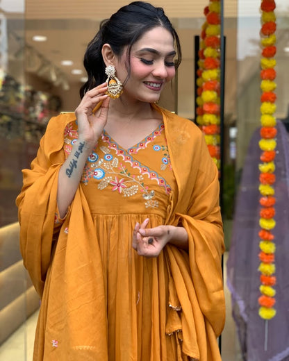 Astonishing Party Wear Mustard Color Embroidery Work Full Stitched Viscose Chanderi Salwar Suit