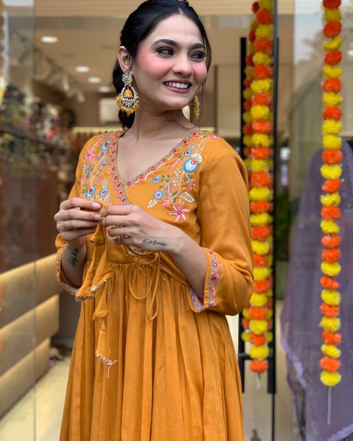 Astonishing Party Wear Mustard Color Embroidery Work Full Stitched Viscose Chanderi Salwar Suit